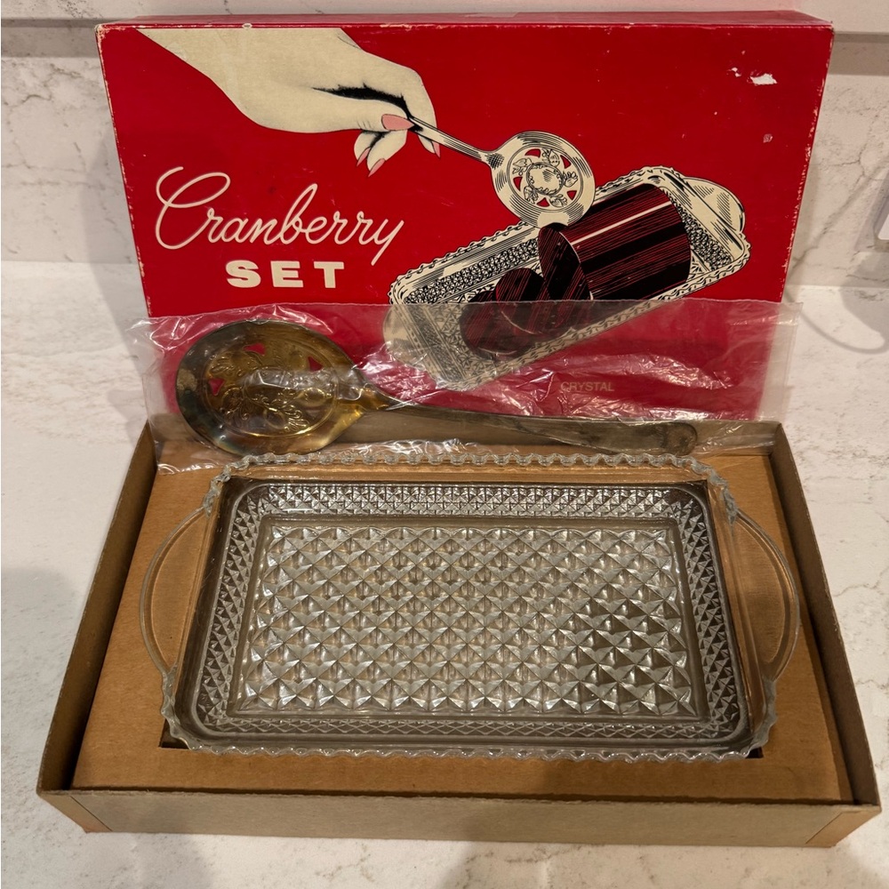Vintage Crystal Cranberry Set with Tray and Ladle